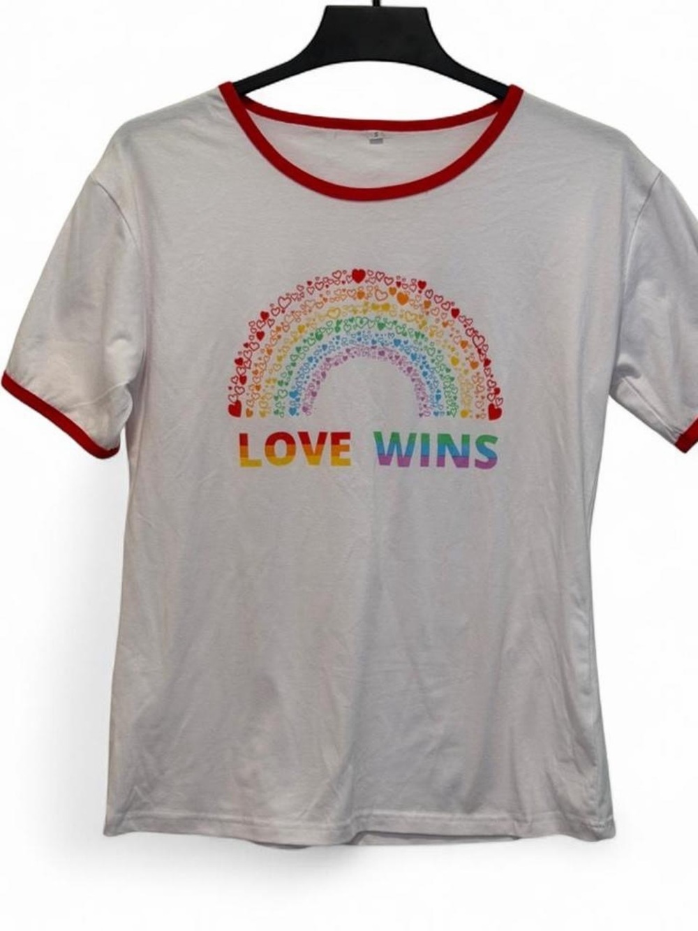 Love Wins Rainbow Graphic Pride Ringer Tee - White/Red Small Unisex